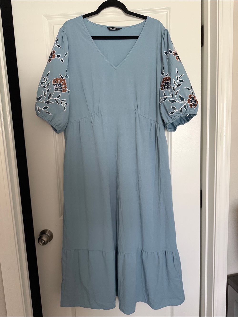 BloomChic Powder Blue Embroidered Puff-Sleeve Dress